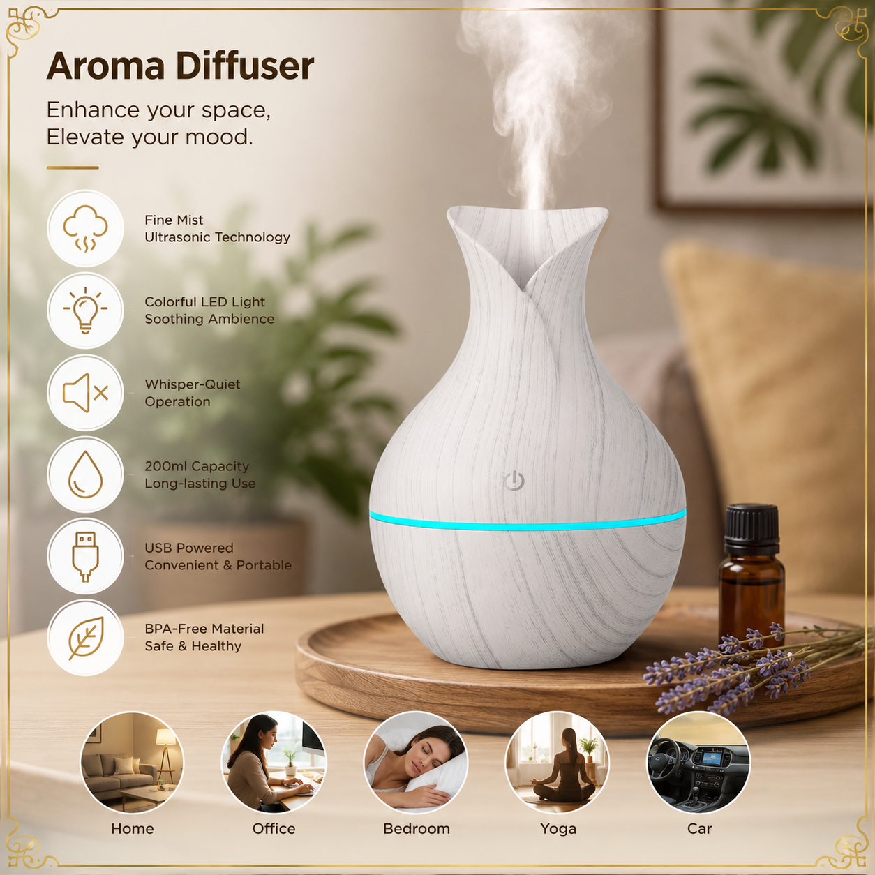 Air Humidifier Essential Oil Diffuser USB Mist Maker Humidificador with Colorful Light for home office car 200ml